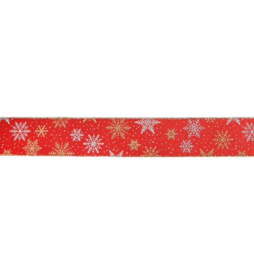 Picture of Ribbon - Christmas Snow Flake - White and Gold - wired edge  - 63mm x 9m
