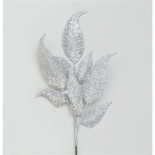 Picture of Glitter Leaf Spray x 9 | Silver | 66cm